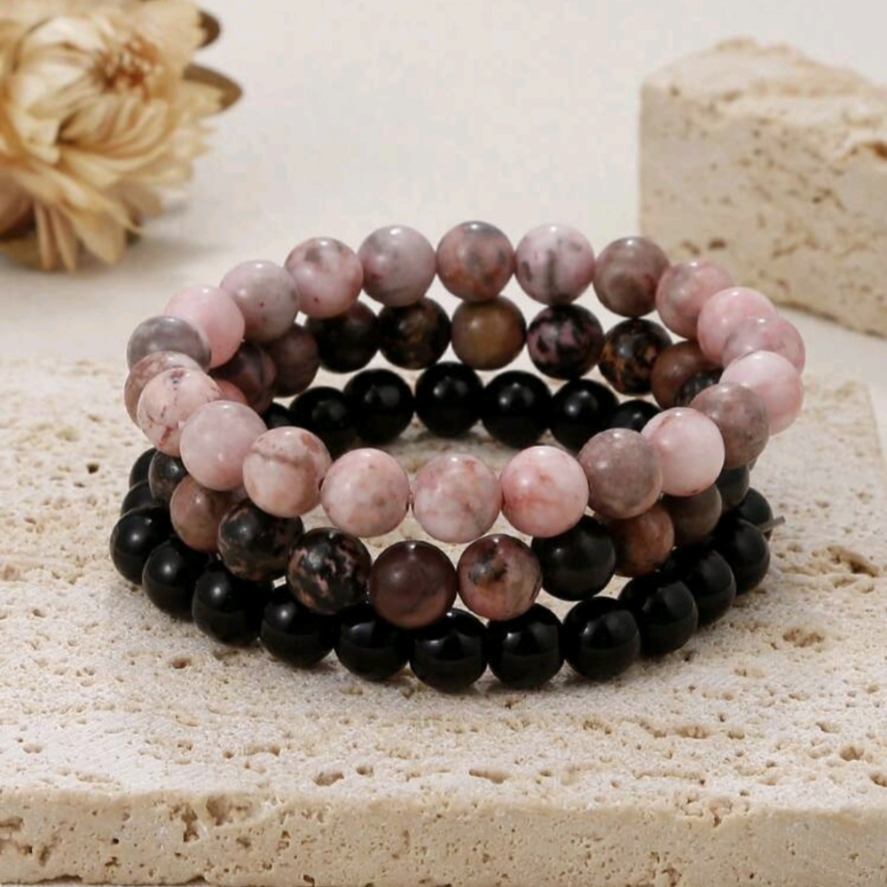 Pink Black 3-piece Bracelet Set Natural Stone Chakra Bracelets - Picture 4 of 7